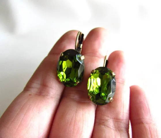 Olive Green Crystal Earrings - Large Oval