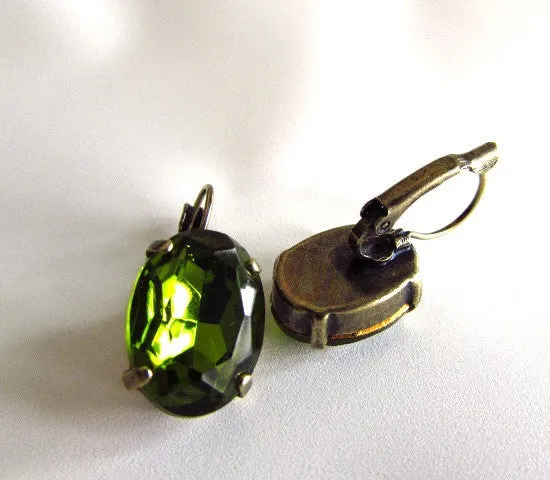 Olive Green Crystal Earrings - Large Oval