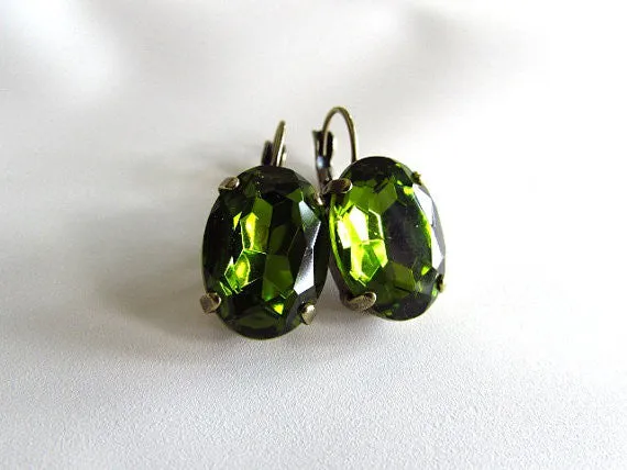 Olive Green Crystal Earrings - Large Oval