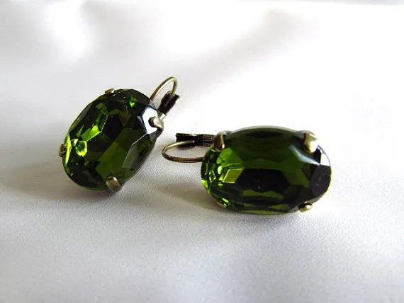 Olive Green Crystal Earrings - Large Oval