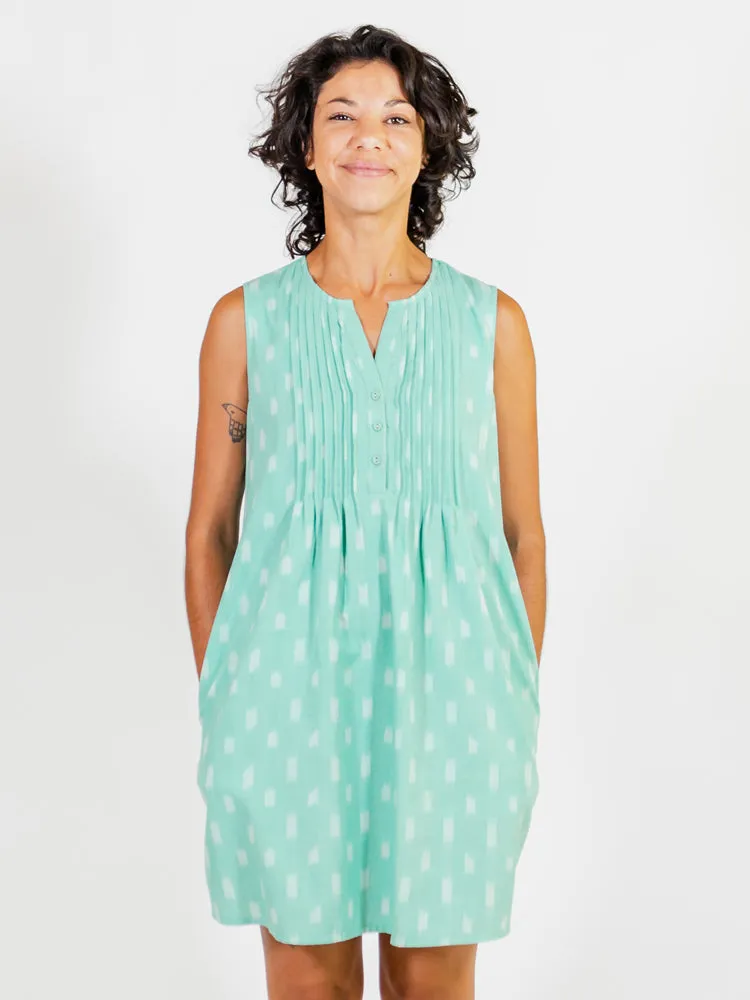 Pintucked Away Dress - Aqua Ikat