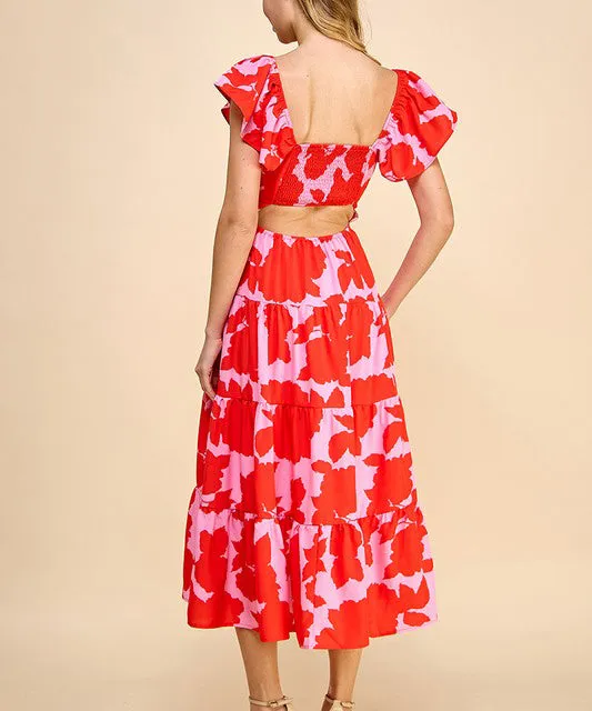 Printed Midi Dress - Red