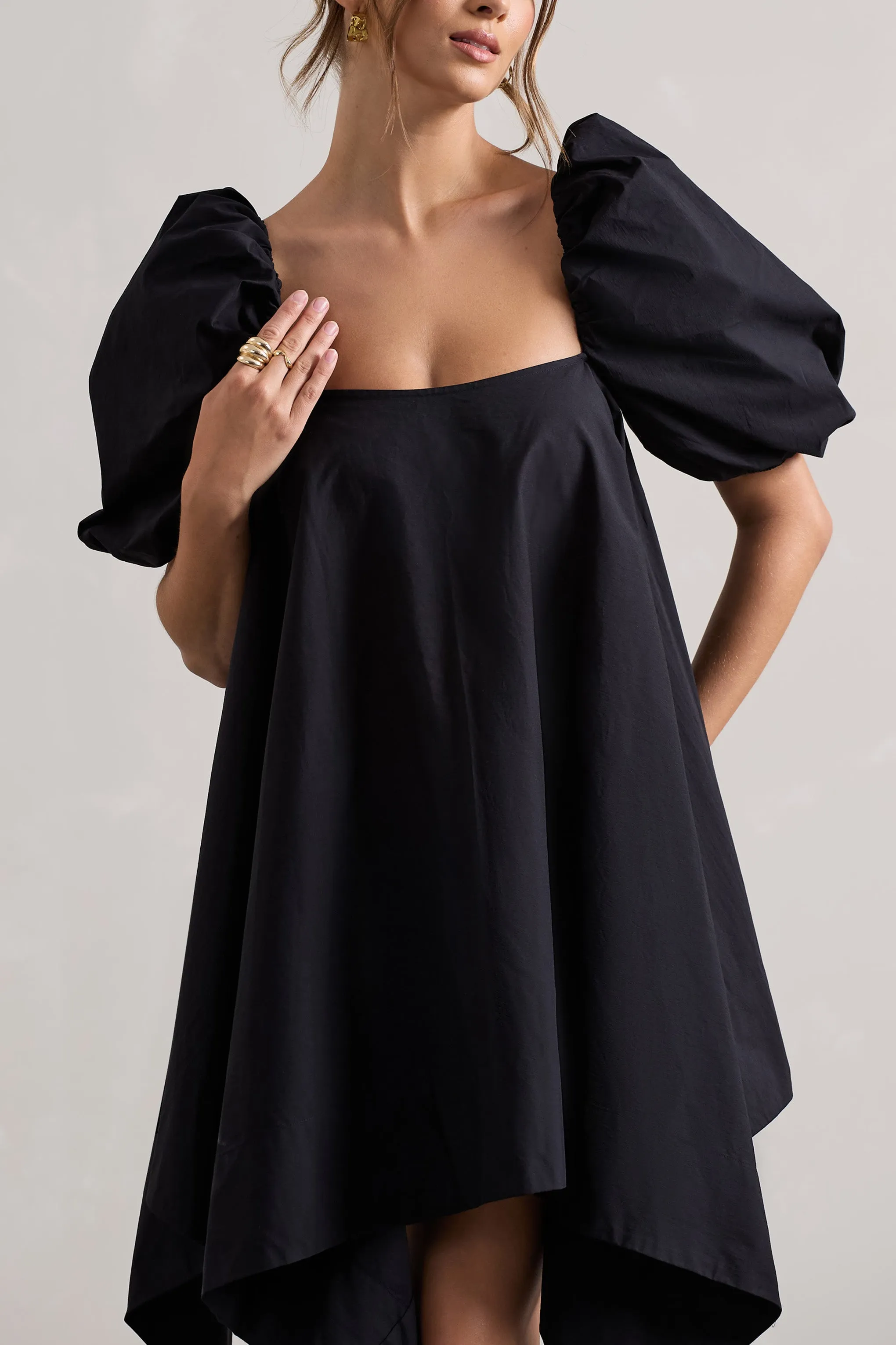 Raindrop | Black Poplin Puff-Sleeve Draped Mini Dress