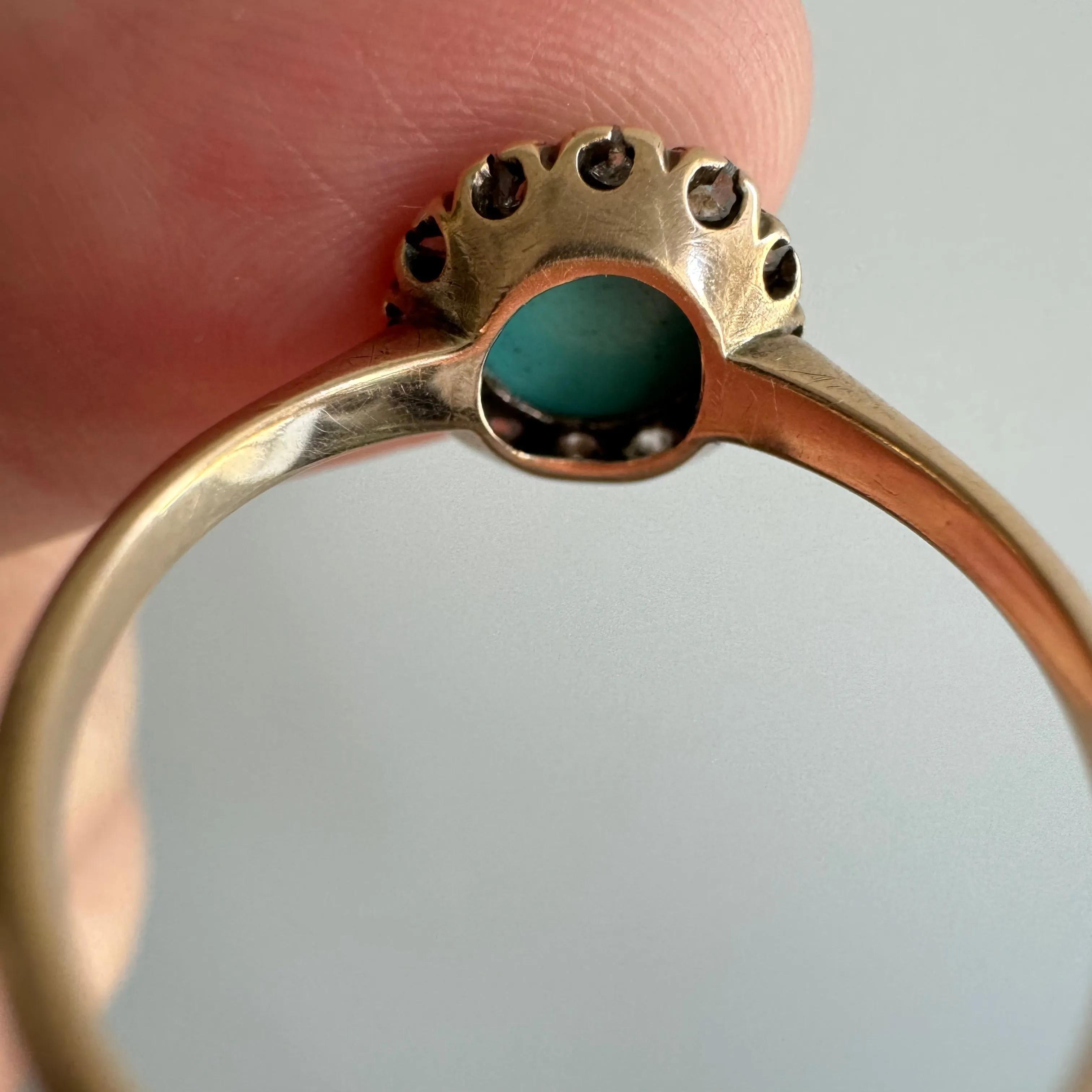 re-worked A N T I Q U E // turquoise daisy halo / 10k victorian gold with rose cut grey diamonds and turquoise / size 6