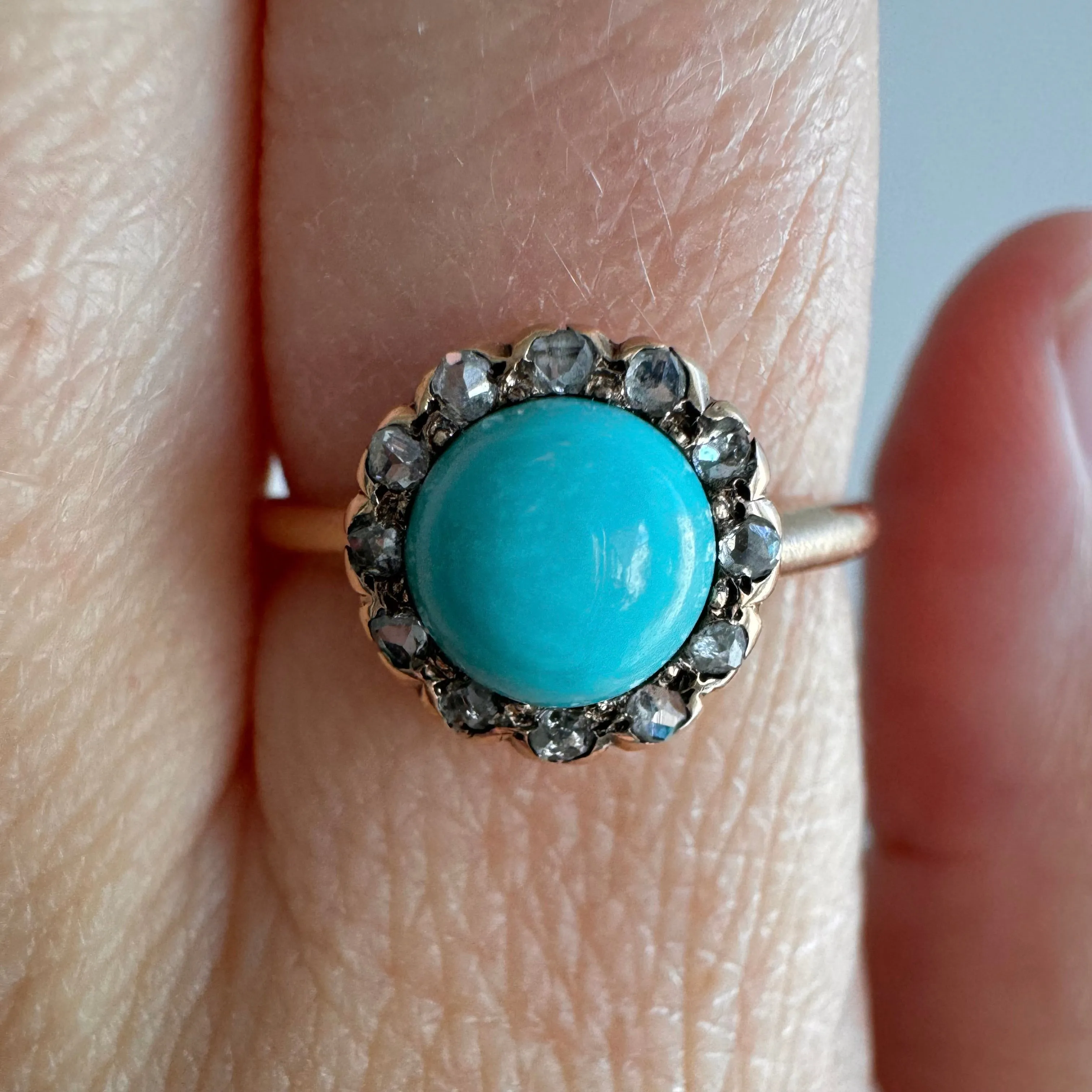 re-worked A N T I Q U E // turquoise daisy halo / 10k victorian gold with rose cut grey diamonds and turquoise / size 6