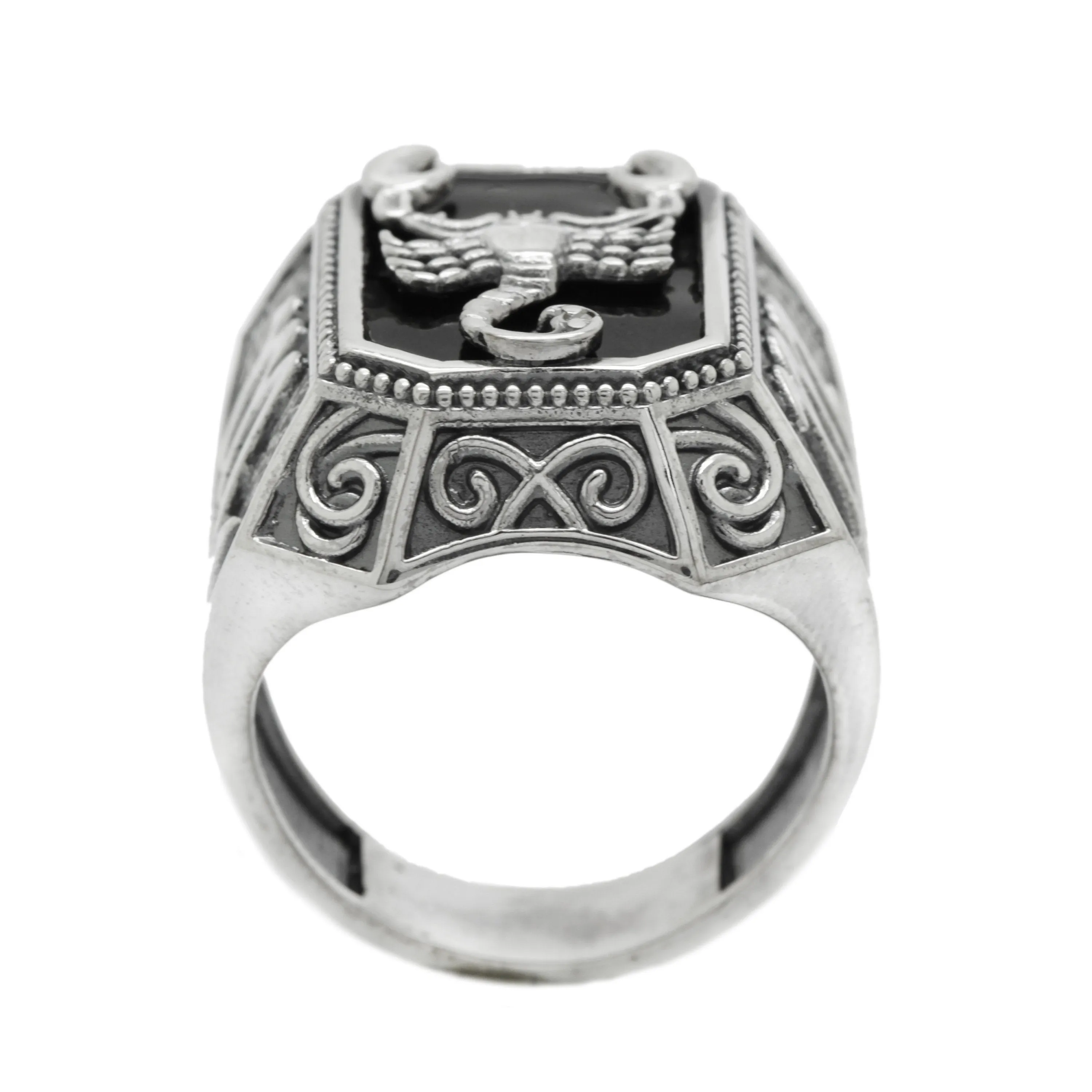 Scorpio Zodiac Mens Sterling Silver Signet Ring with Black Enamel