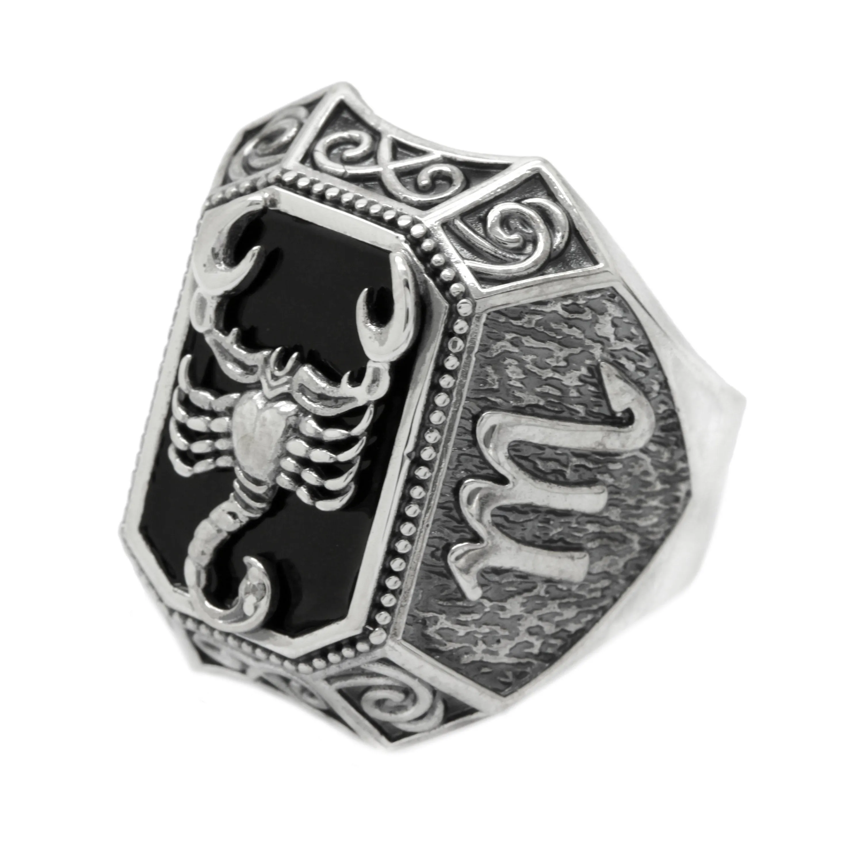 Scorpio Zodiac Mens Sterling Silver Signet Ring with Black Enamel