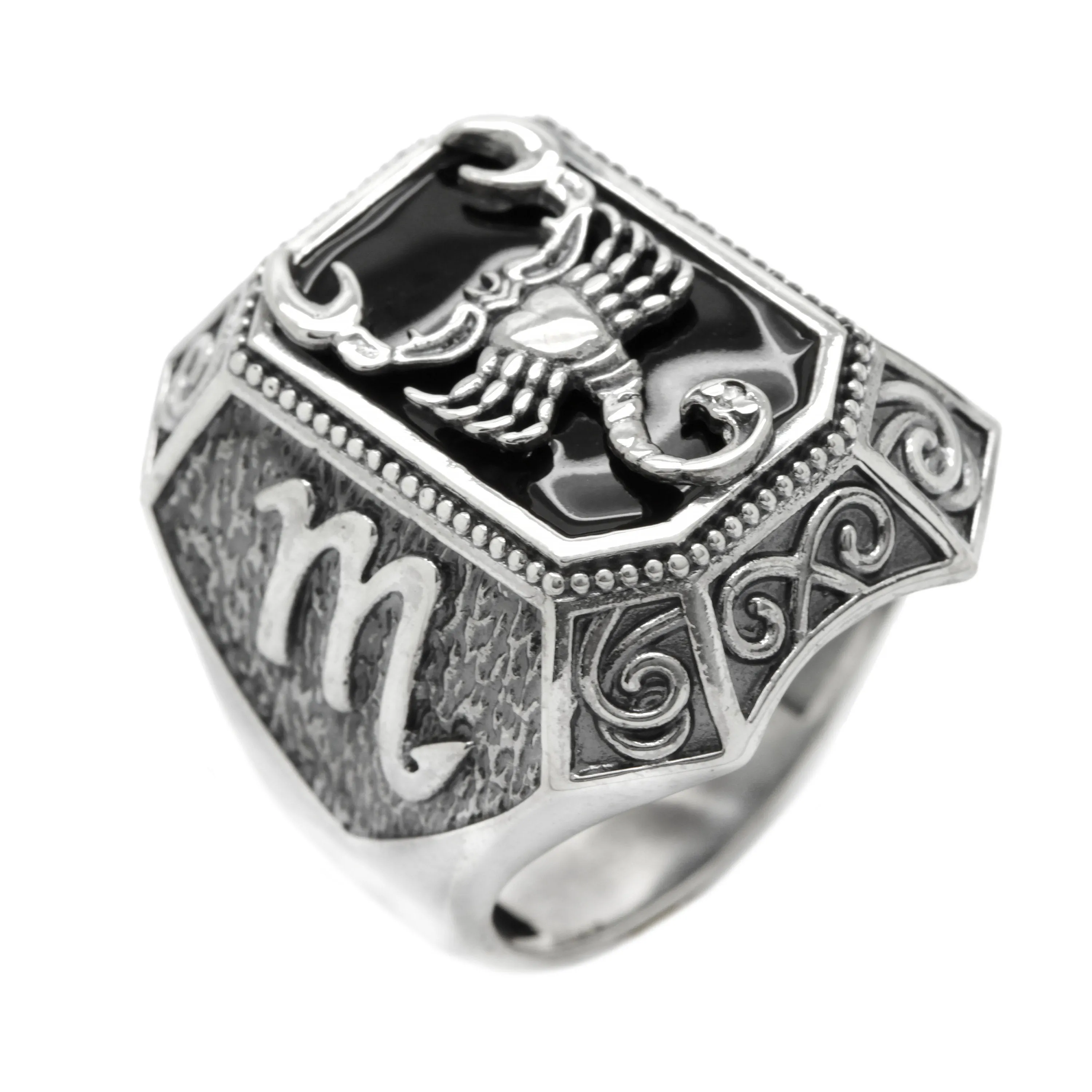 Scorpio Zodiac Mens Sterling Silver Signet Ring with Black Enamel