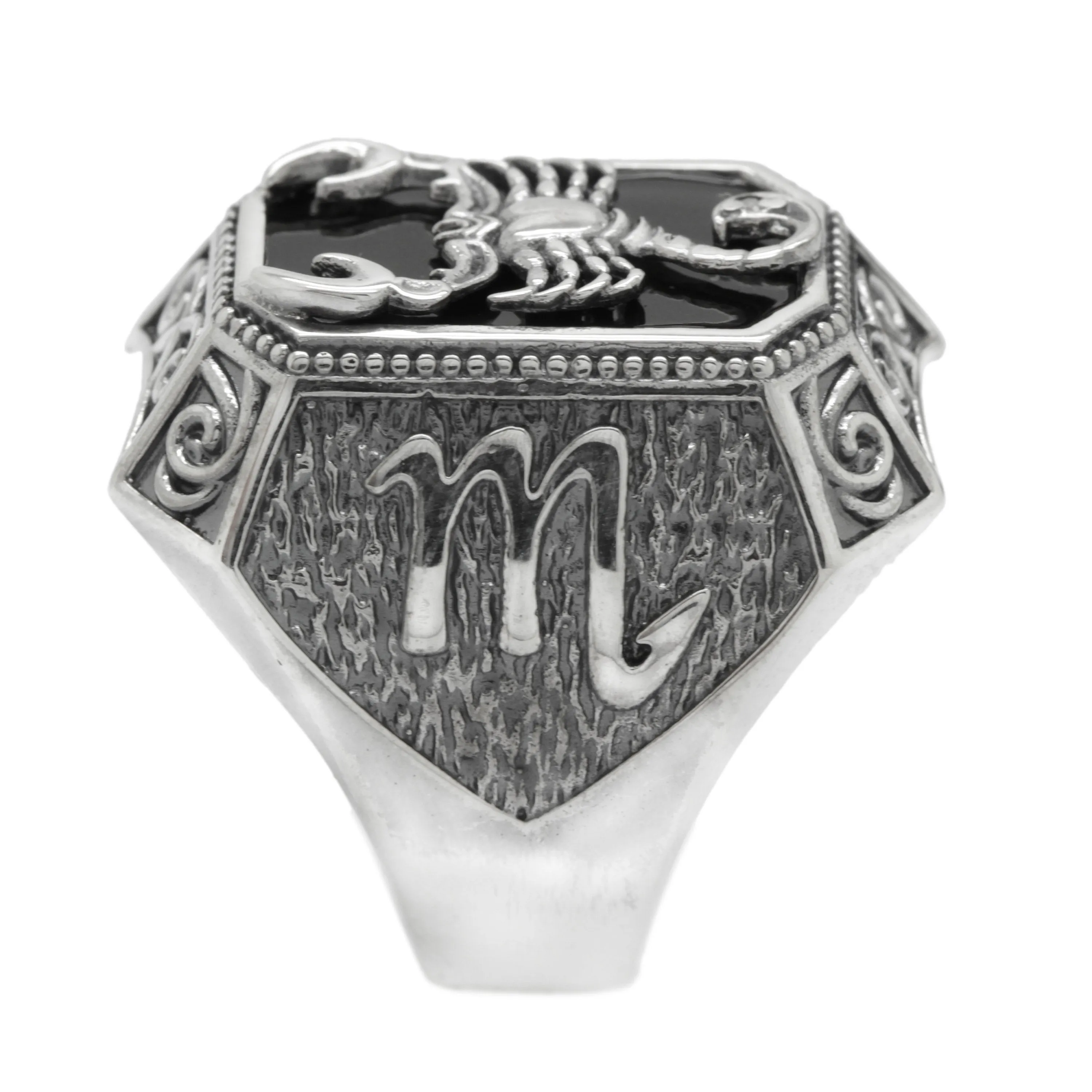 Scorpio Zodiac Mens Sterling Silver Signet Ring with Black Enamel