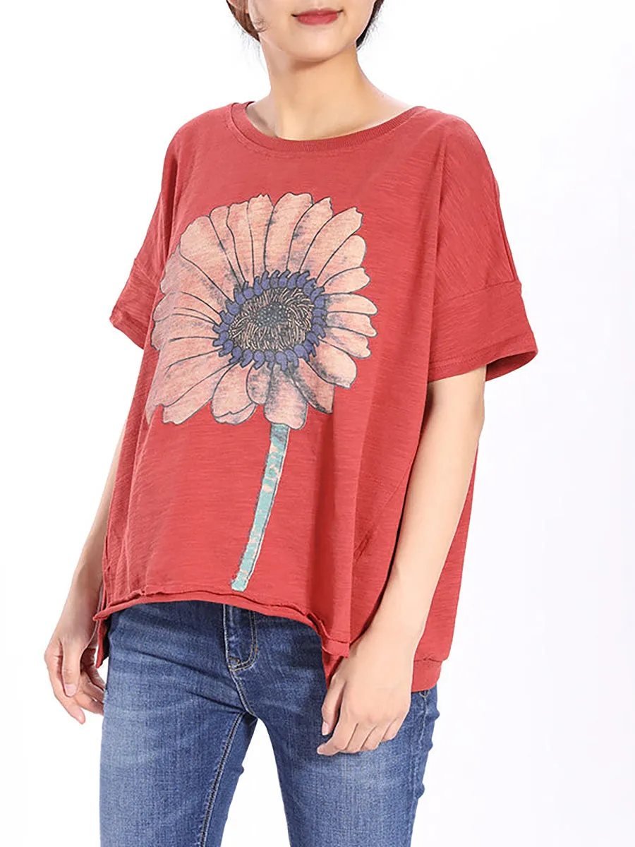 Short Sleeve Loose Sunflower Printed T-shirt