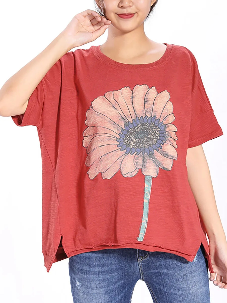 Short Sleeve Loose Sunflower Printed T-shirt