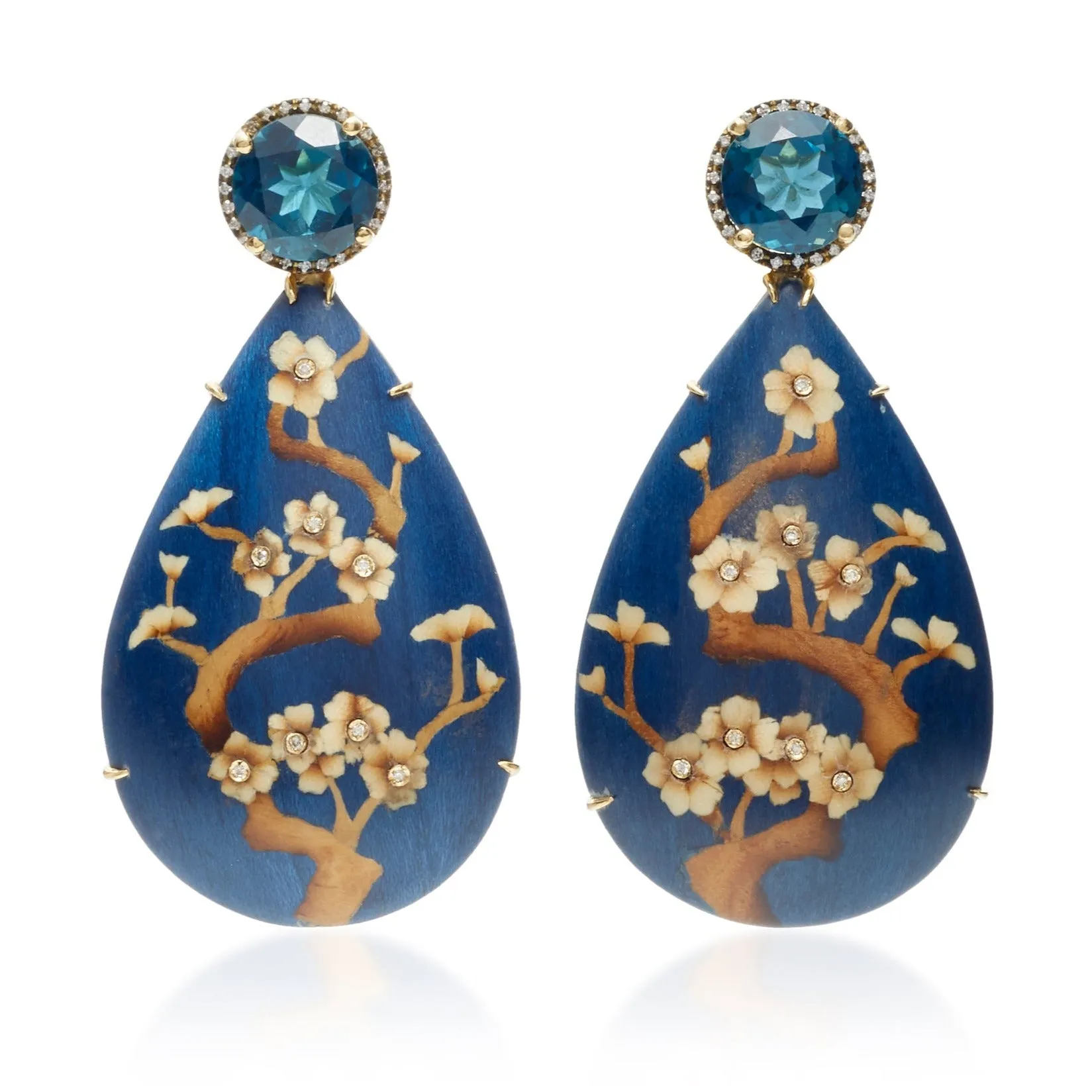 Silvia Furmanovich - Drop Earrings with Blue Floral Branch Marquetry, London Blue Topaz and Diamonds, 18k Yellow Gold