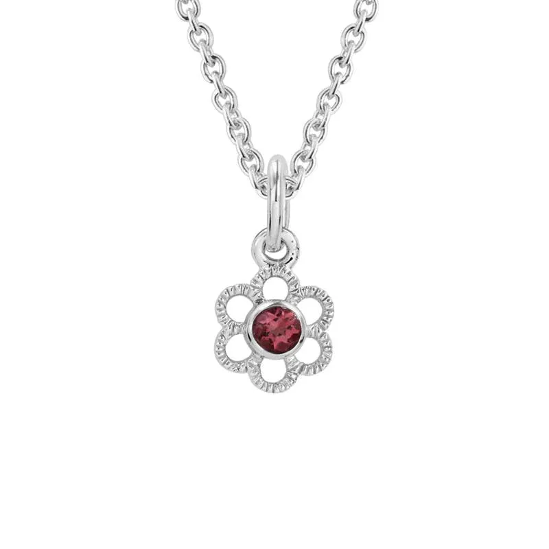 STERLING SILVER 2.5MM GARNET FLOWER NECKLACE