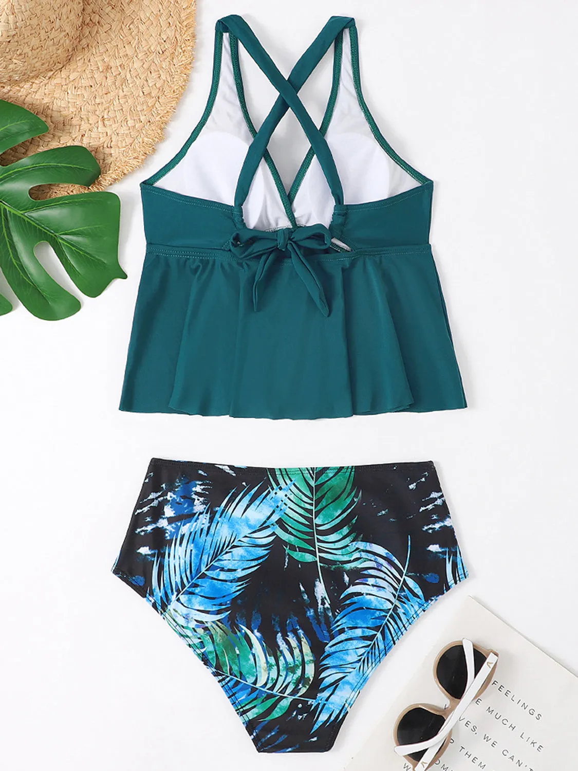 Sunset Vacation  Crisscross V-Neck Wide Strap Swim Set