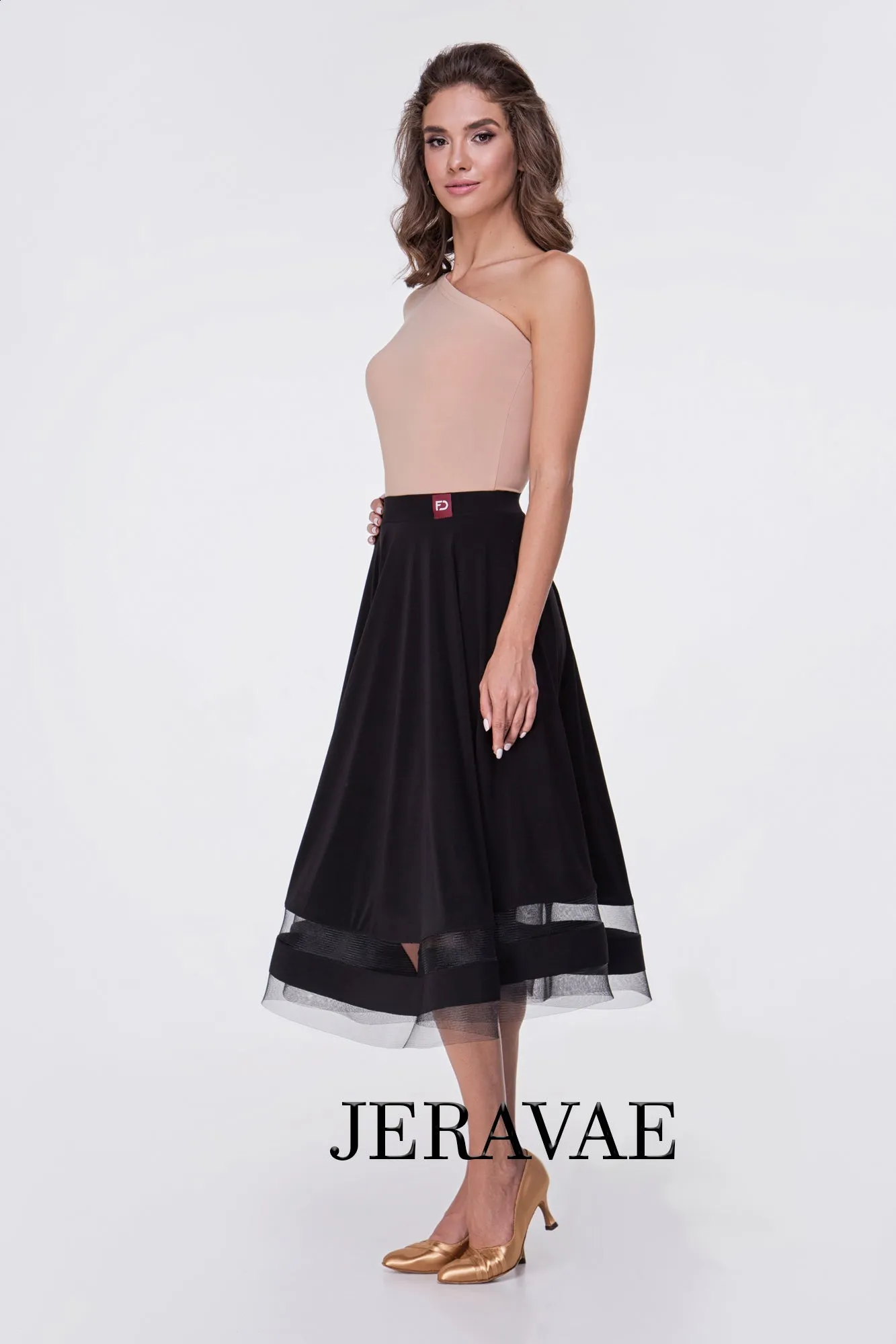 Tea Length Ballroom Or Standard Practice Skirt with Exposed Horsehair Hem and Striped Cut Out Detail Pra551