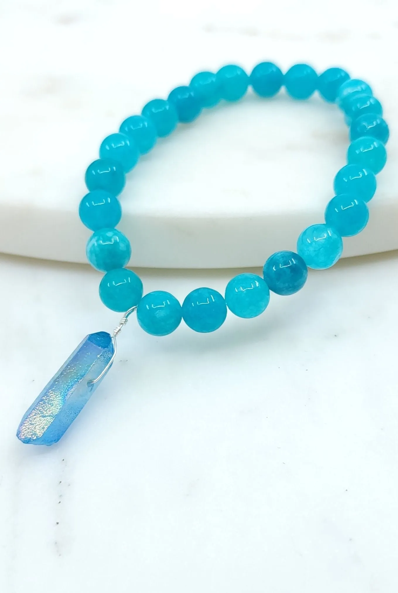 Teal Agate Bracelet with Blue Titanium Quartz Crystal