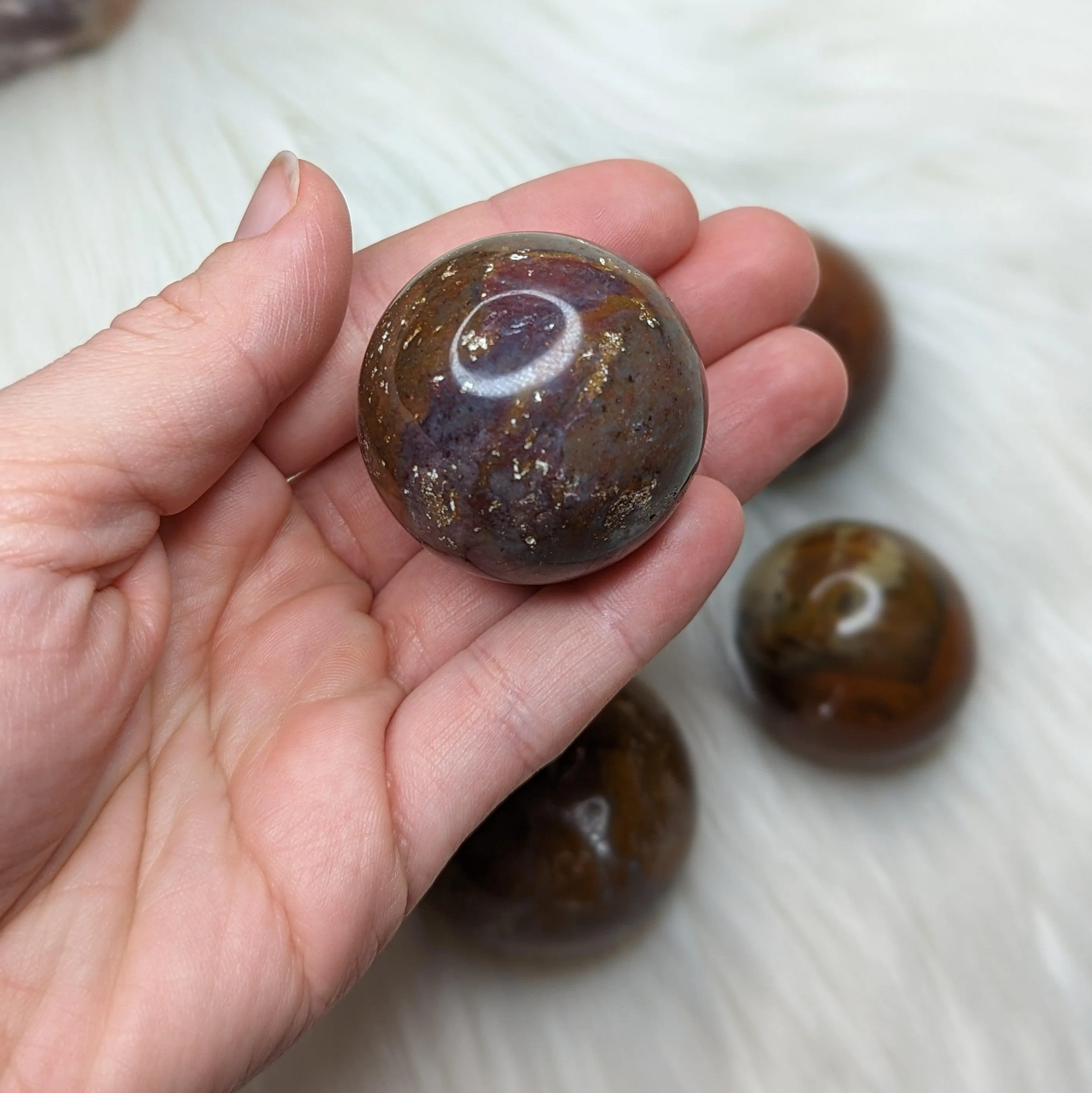 Unique, Small Red Moss Agate Sphere Carving