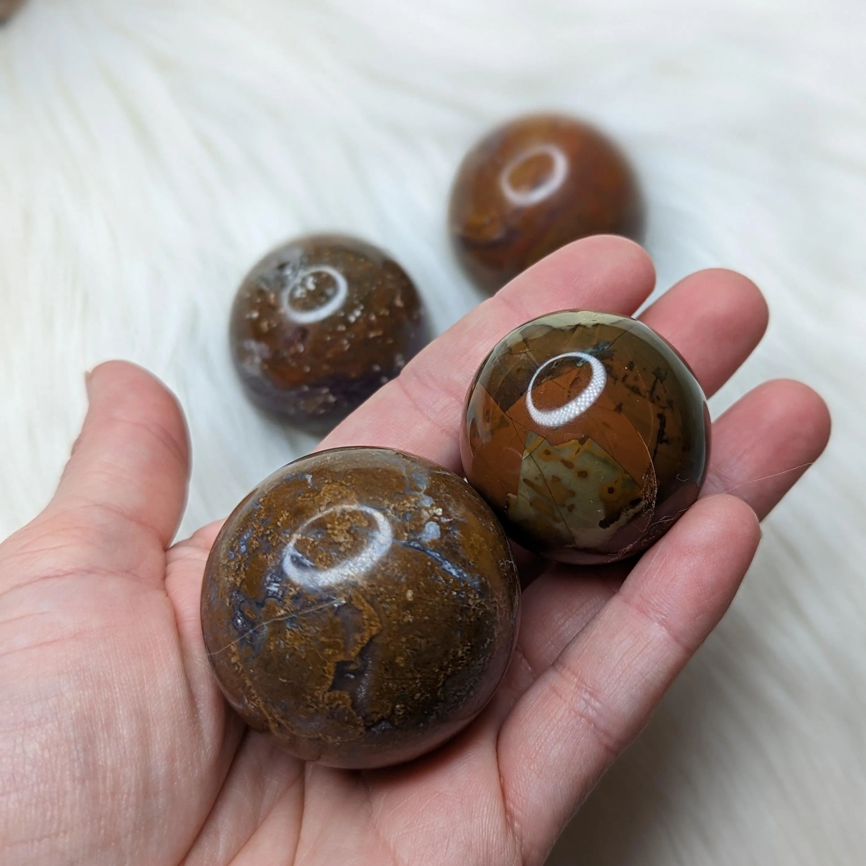 Unique, Small Red Moss Agate Sphere Carving