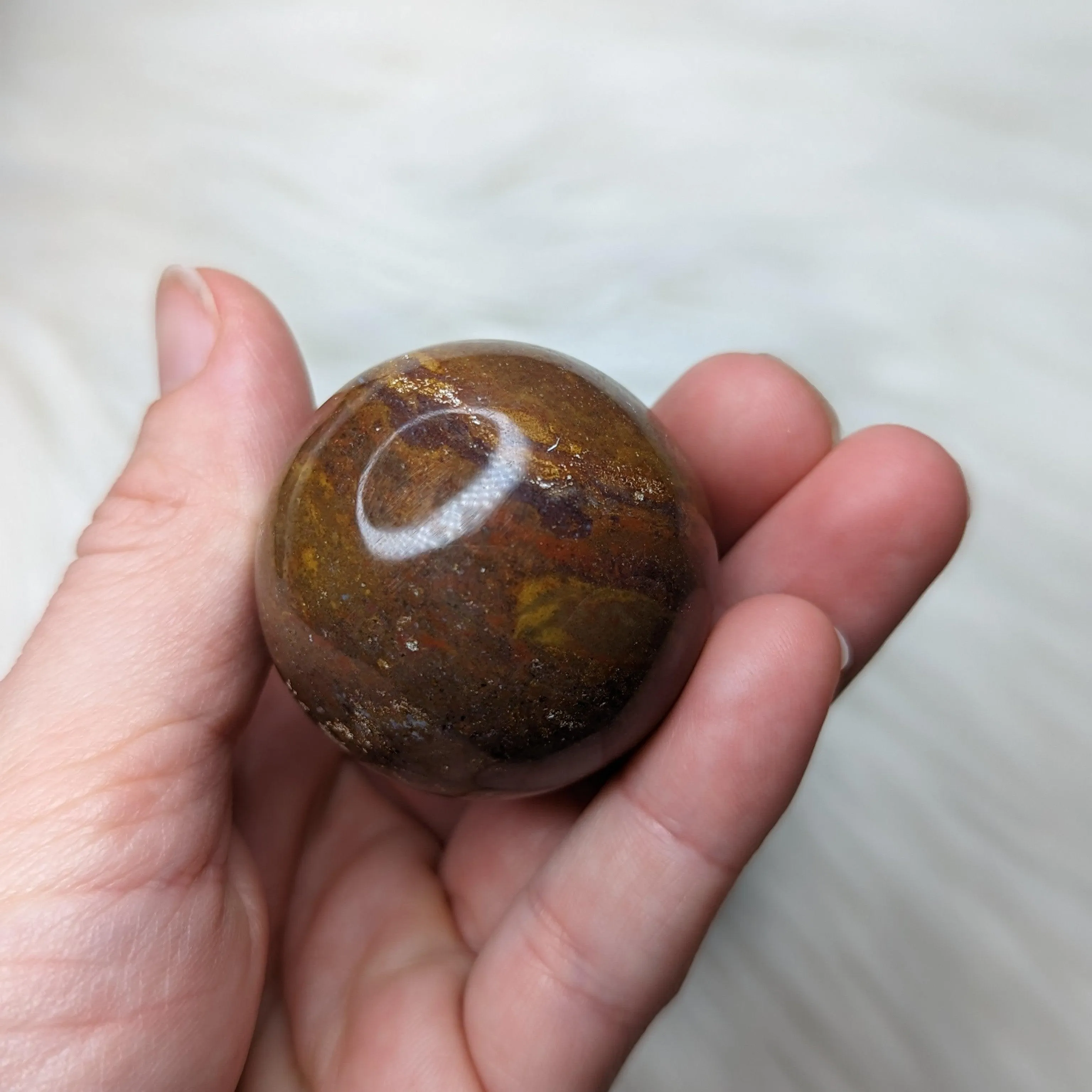 Unique, Small Red Moss Agate Sphere Carving