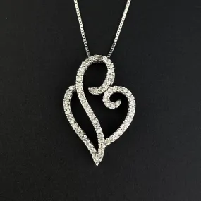 Vintage 10K White Gold Diamond Open Heart Pendant Necklace