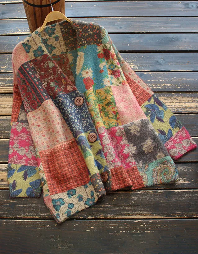 Vintage V-neck Printed Floral Loose Knit Cardigan